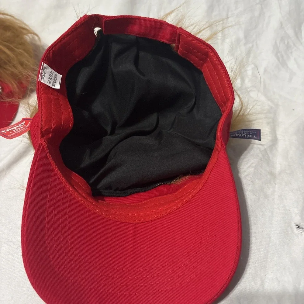 Lot Of 2 President‎ Donald TRUMP Red Trumpy Visor Hat w/Gold Hair Golf Cap Wig